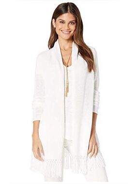 Lilly Pulitzer White Tatum Long Fringe Hem Cardigan